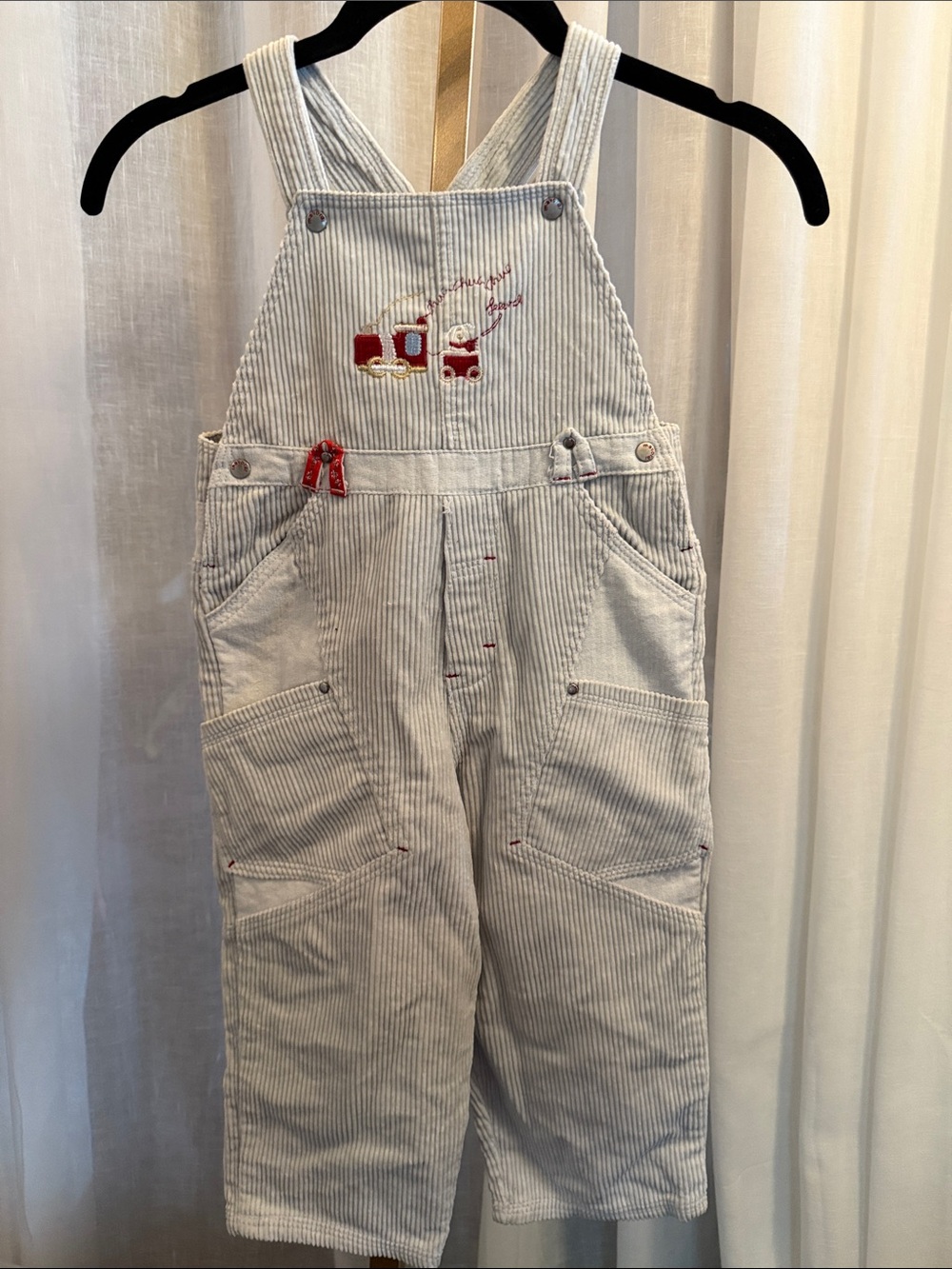 Gymboree Light Gray and White Striped Overalls with Red Train Detail
